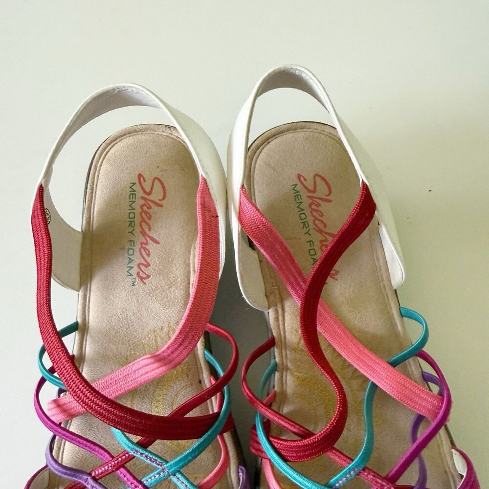 Skechers White Multi Gore Sling Back Wedges Parallel Strappy Memory Foam Sz 8.5 - Picture 4 of 13